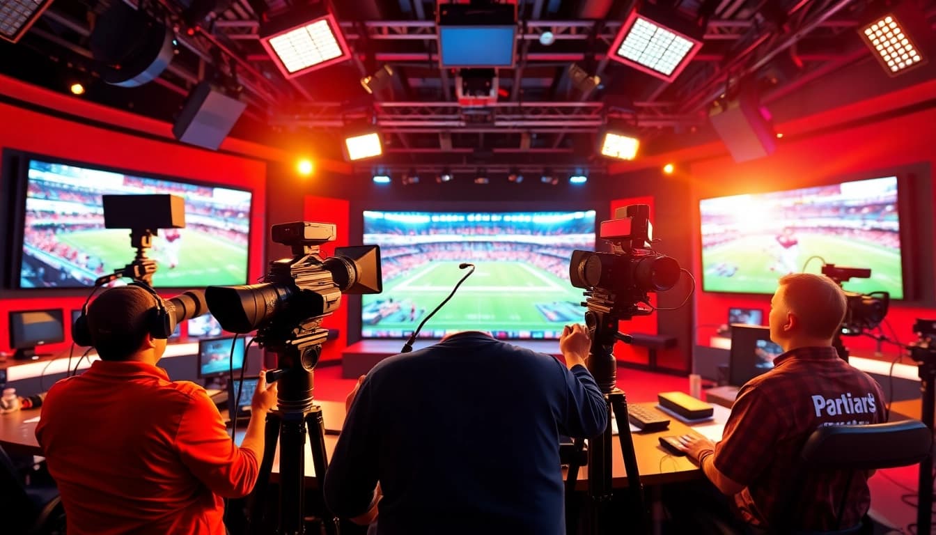 Engaging sports broadcasting scene with dynamic hosts discussing live events.