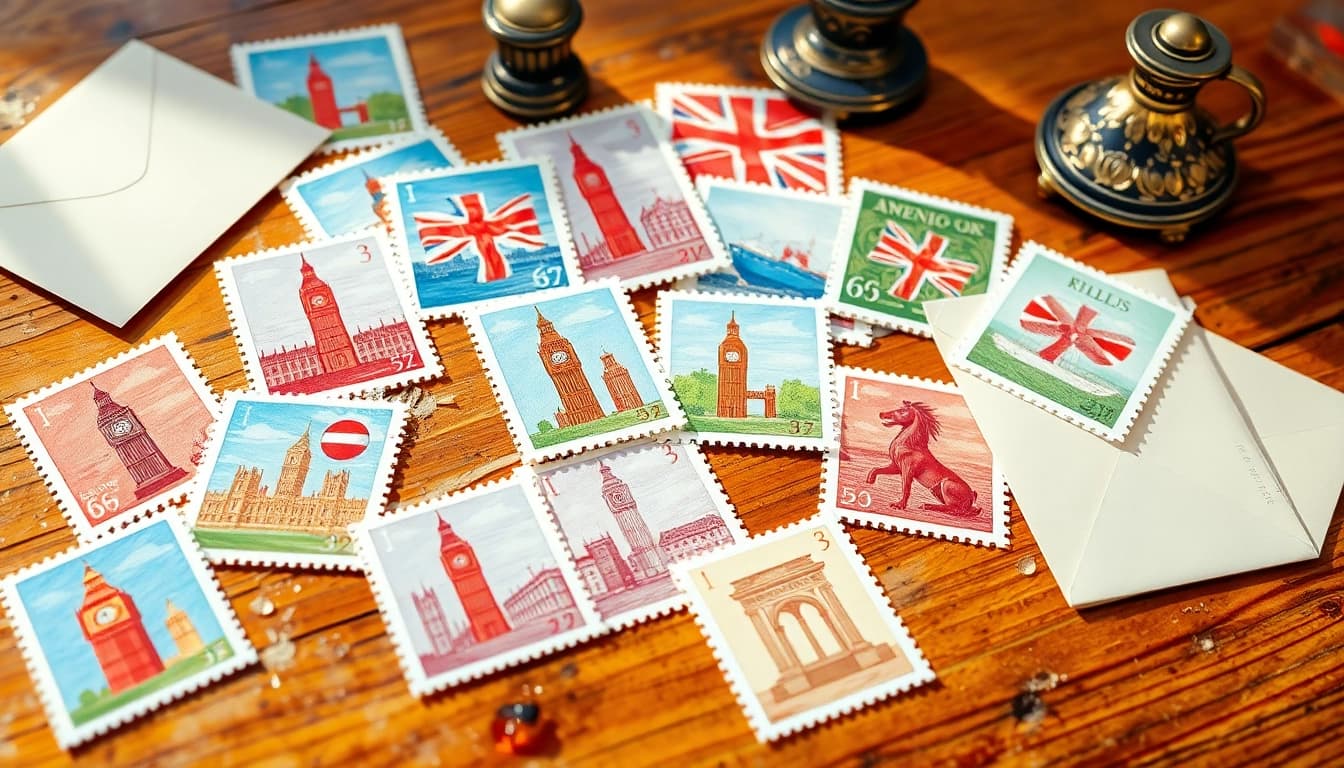 View vibrant cheap postage stamps displayed on a vintage table setting, showcasing British icons.