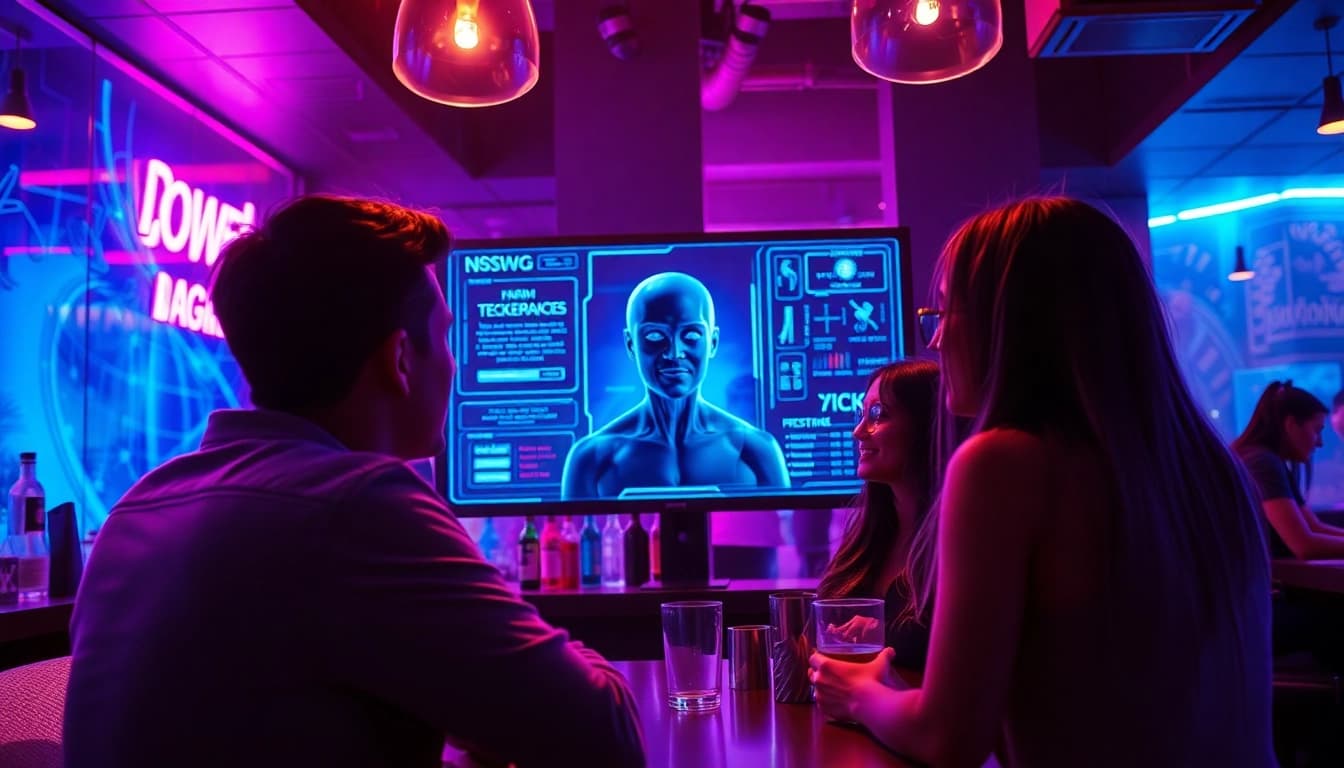 AI NSFW image generator showcasing lifelike character in a modern bar.