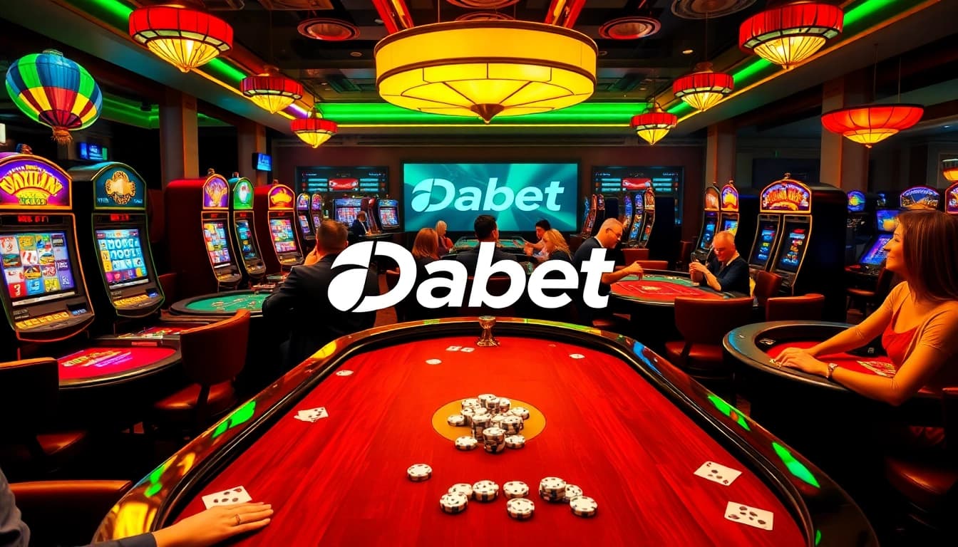 Experience the thrill of gaming at Dabet with players engaged in poker and roulette at a vibrant casino table.