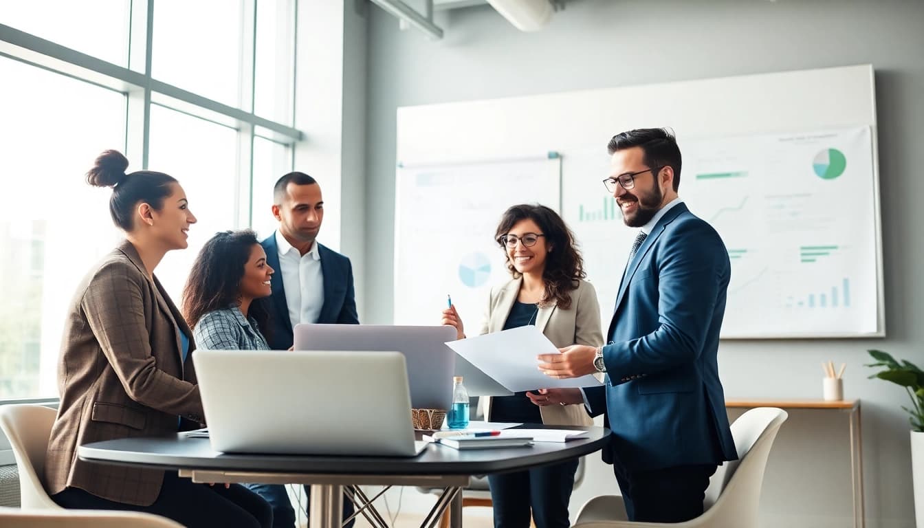 Professionisti che collaborano in un ufficio moderno, esplorando maggiori informazioni per la crescita strategica degli affari.
