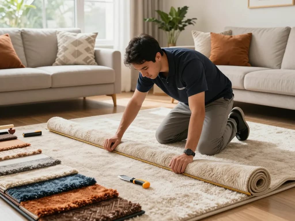 Residential carpet installation showcasing a professional installer measuring and cutting plush carpet in a bright living room with cozy decor.
