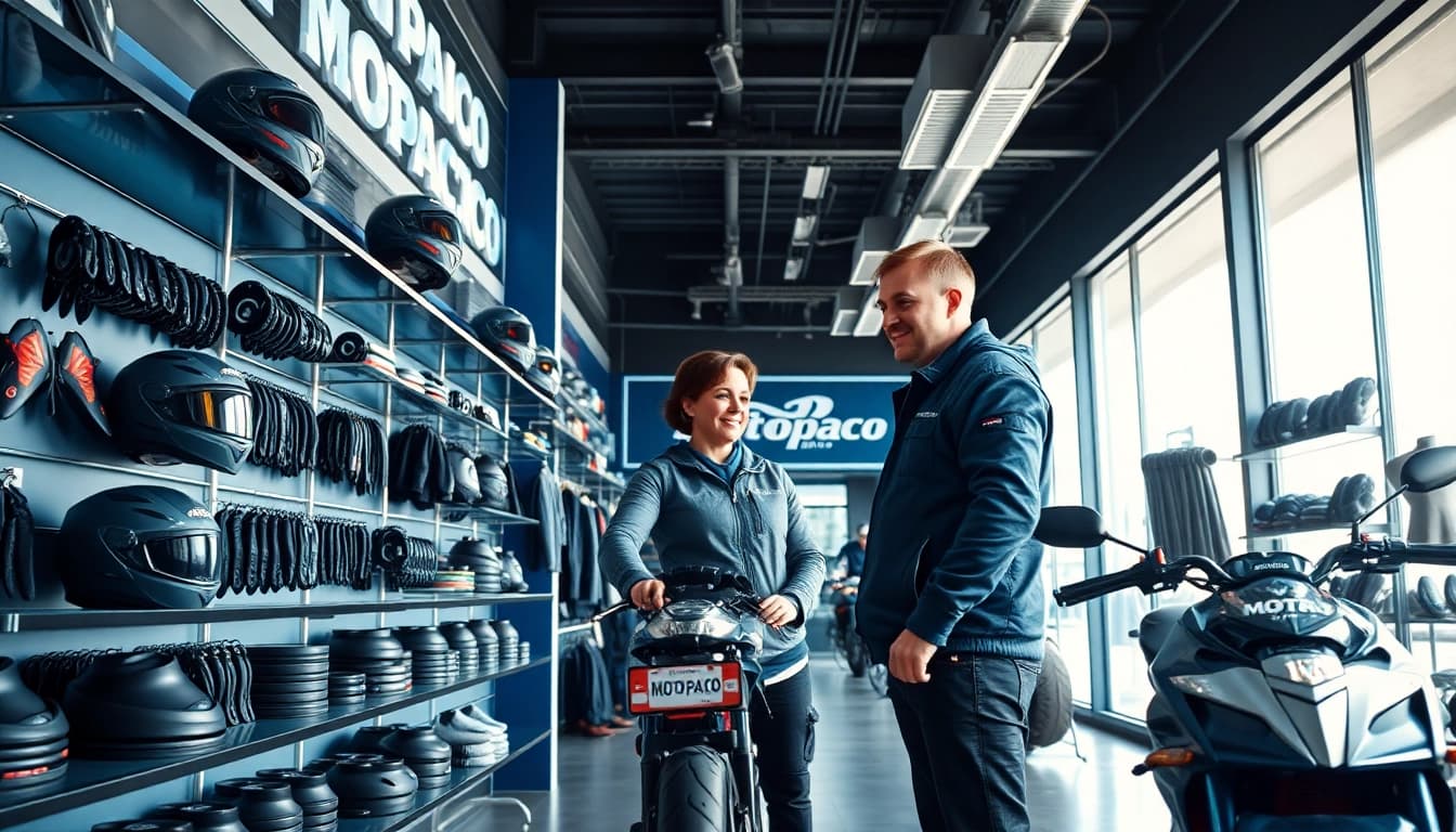 Intérieur de la boutique Motopaco dédiée à la moto, avec des accessoires de haute qualité et une ambiance accueillante.