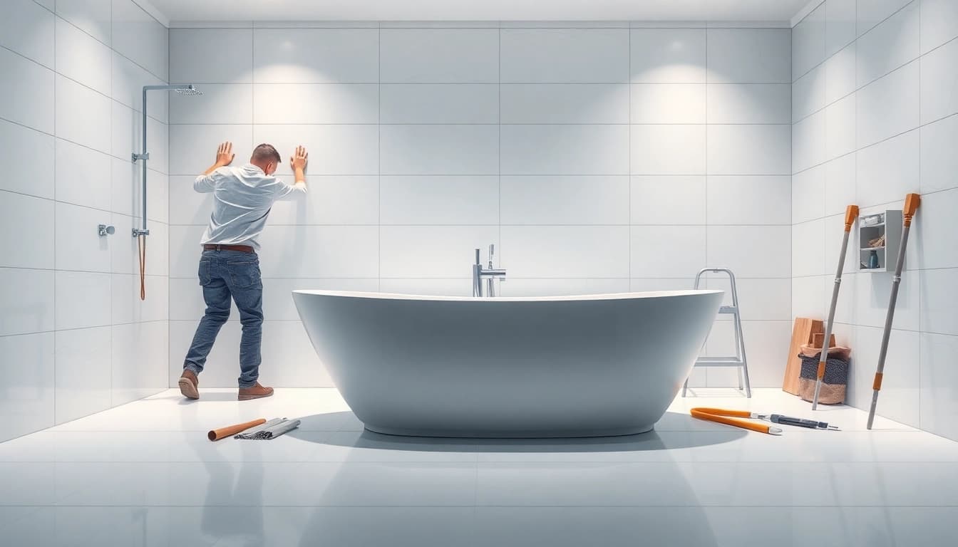 Professional Bathroom Fitters expertly installing a modern bathtub and tiles.