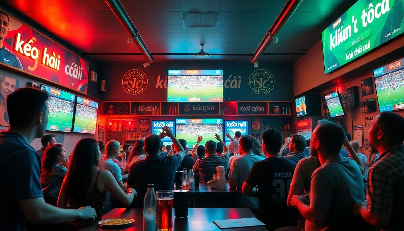 Capture the excitement of kèo nhà cái in a lively sports bar filled with fans watching live football.