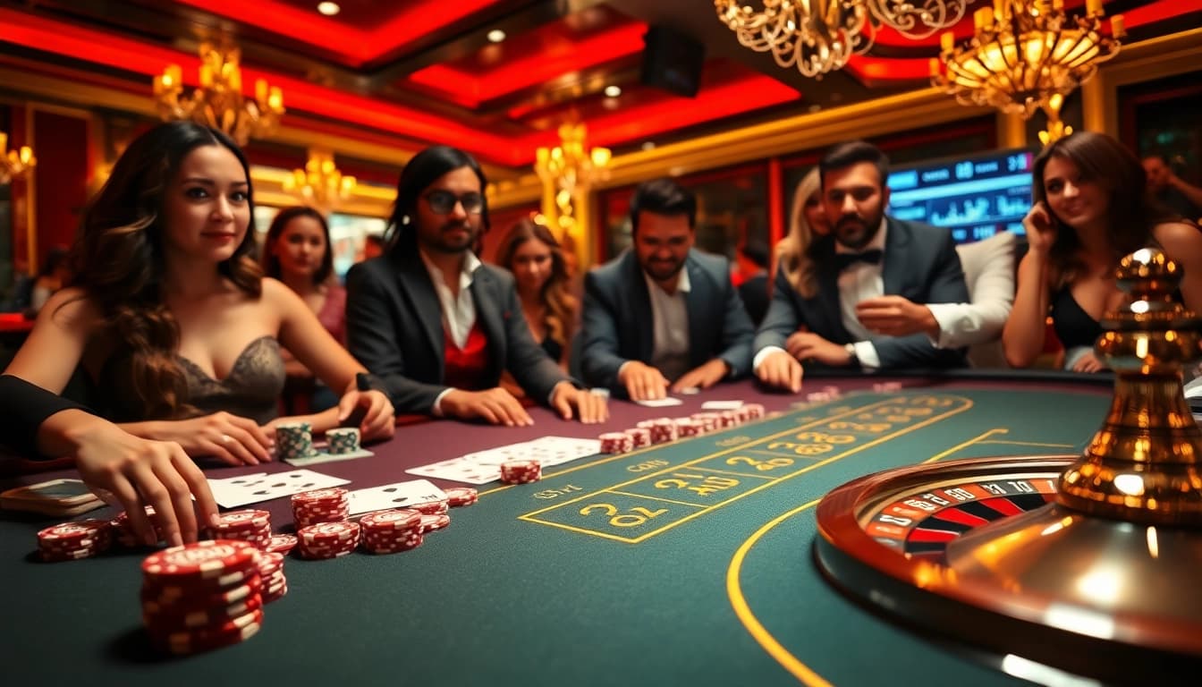 Experience thrilling action at bj88b.com with live gaming tables showcasing poker chips and cards.