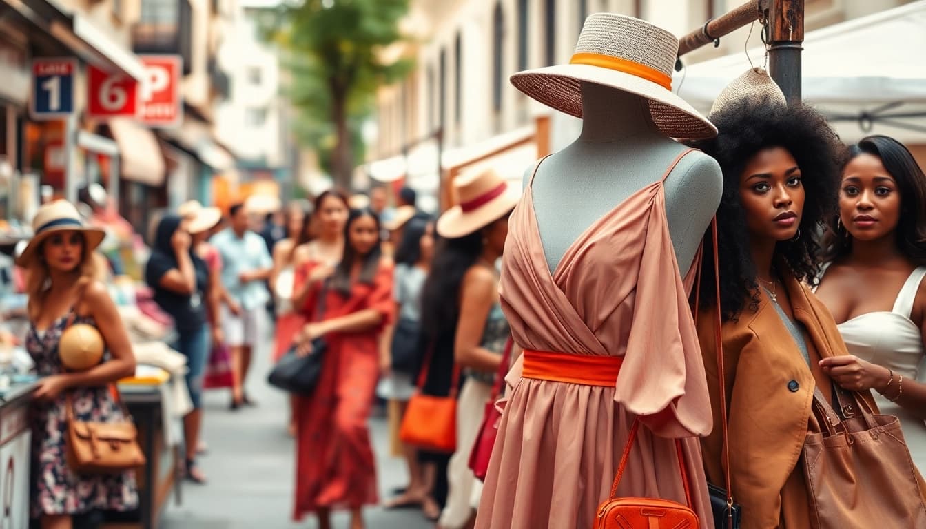 Women Fashion vibrant display at urban street market, showcasing stylish outfits and accessories.