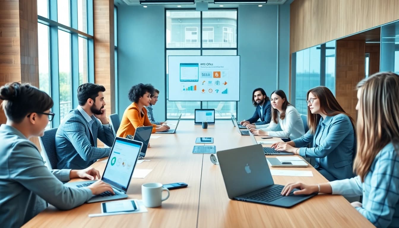 商务专业人士在现代办公环境中使用 WPS Office 进行协作