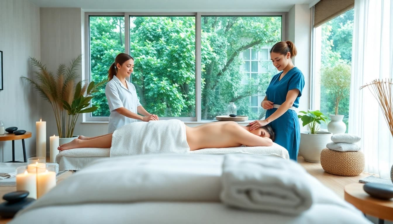 Spa Ads showcasing a peaceful therapy scene with a massage therapist and relaxed client in a serene environment