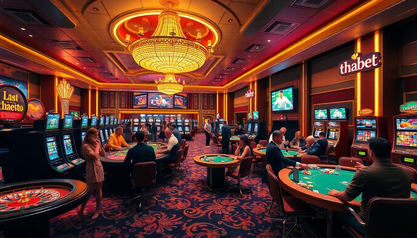 Thabet casino scene showcasing players enjoying roulette and poker amid vibrant atmospherics.