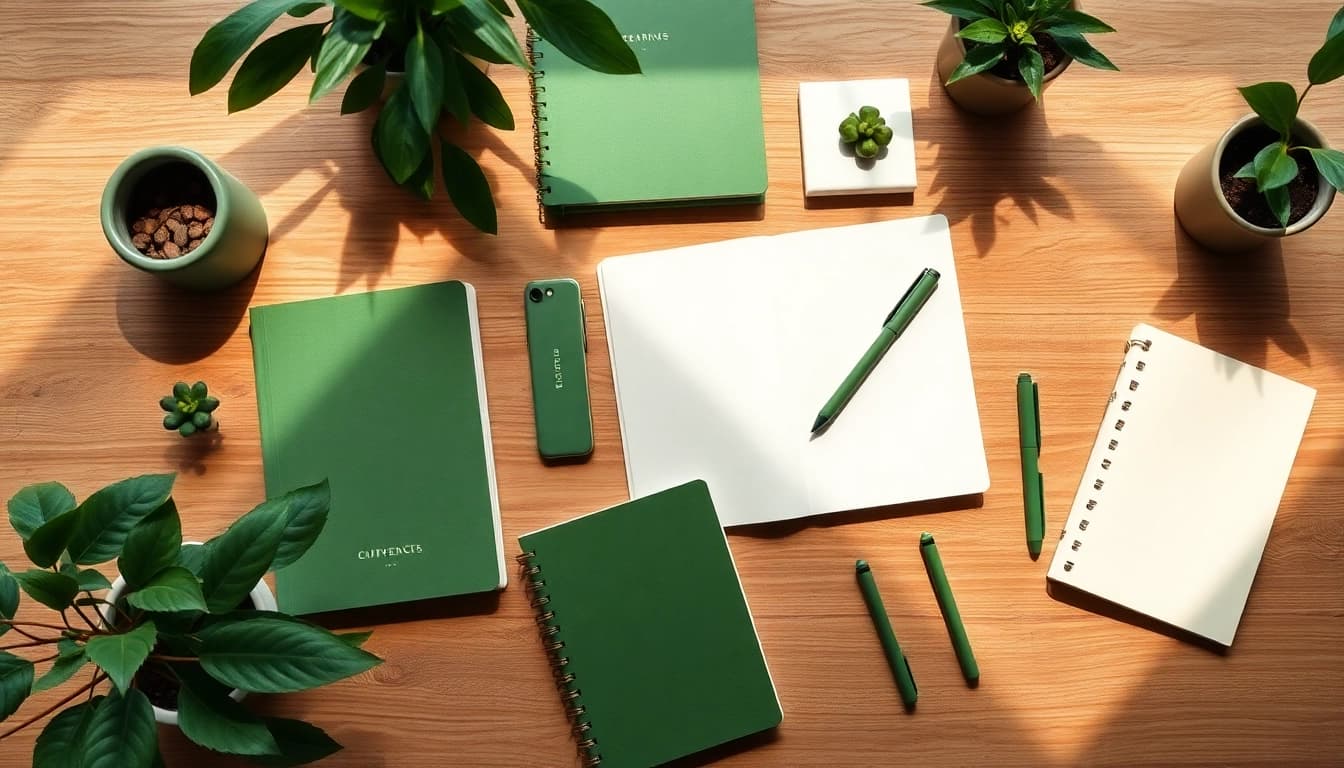 Enhance your workspace with eco-friendly green stationery displayed elegantly on a rustic desk.