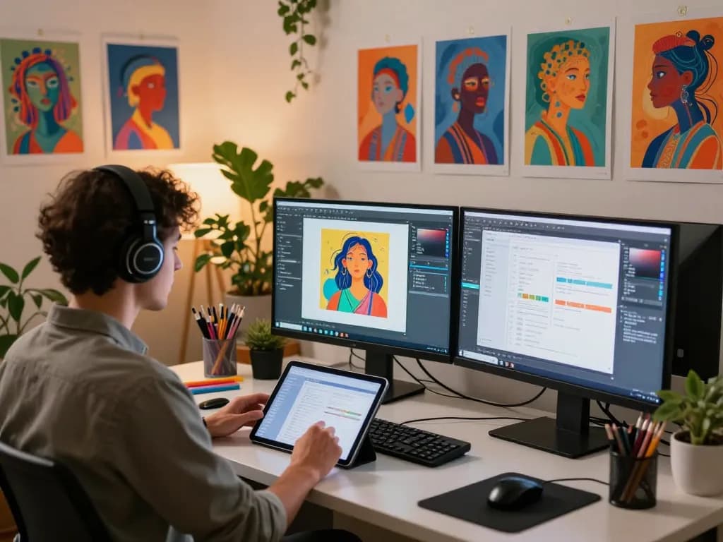 Artist using an image prompt generator in a vibrant digital workspace.