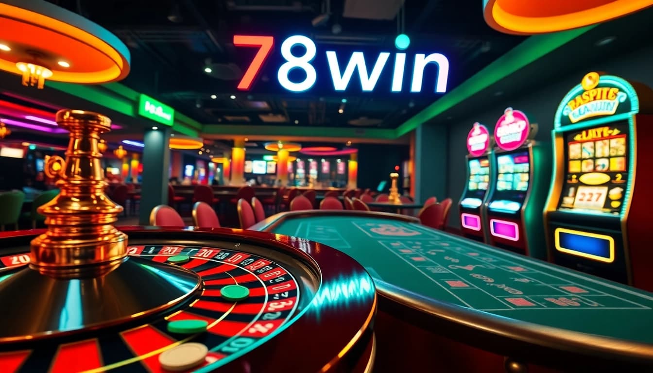The exhilarating 78win casino scene showcases a bustling environment with a roulette wheel, poker cards, and lively gaming tables.