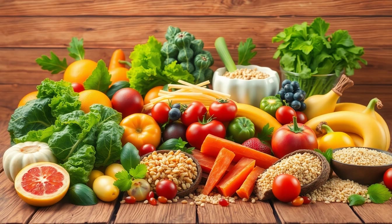 Vibrant healthy food spread featuring fruits, greens, and grains for nutritious meals.