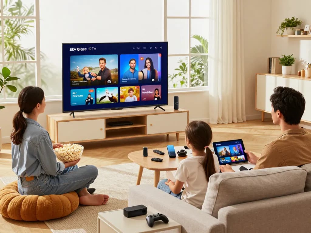 Family enjoying Sky Glass IPTV Subscription in a cozy living room, highlighting smart TV streaming.