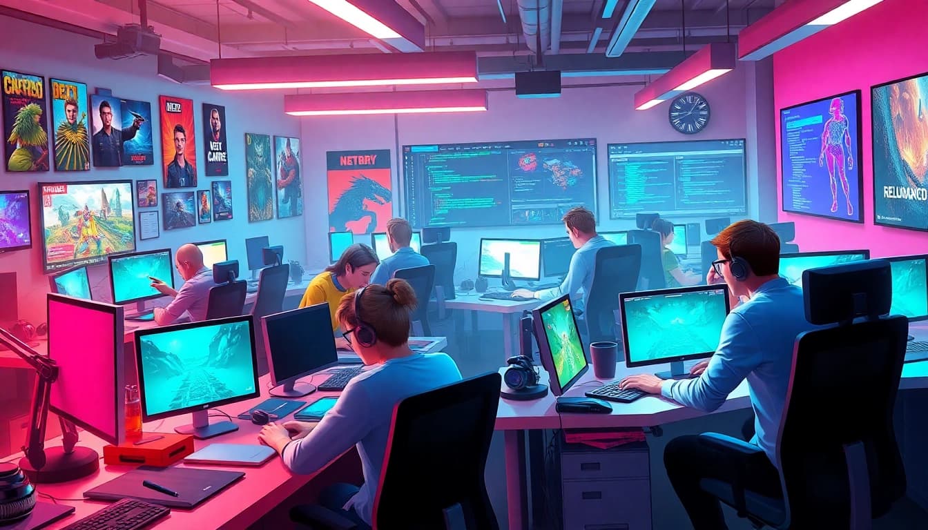 Showcase teamwork in uk games studios as diverse professionals collaborate on gaming projects.