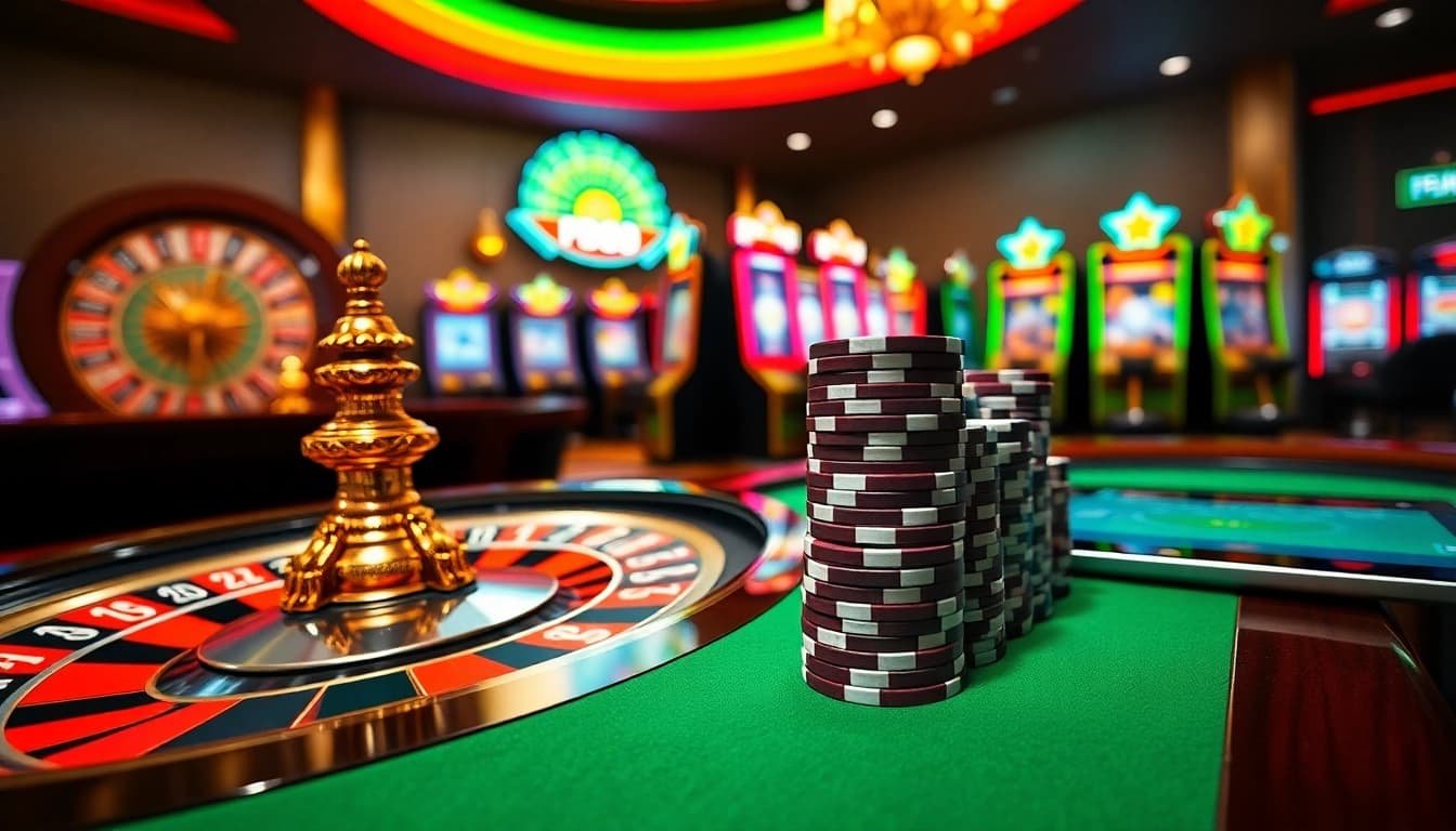 Experience the thrill of FB88 with vibrant casino tables, poker chips, and slot machines.