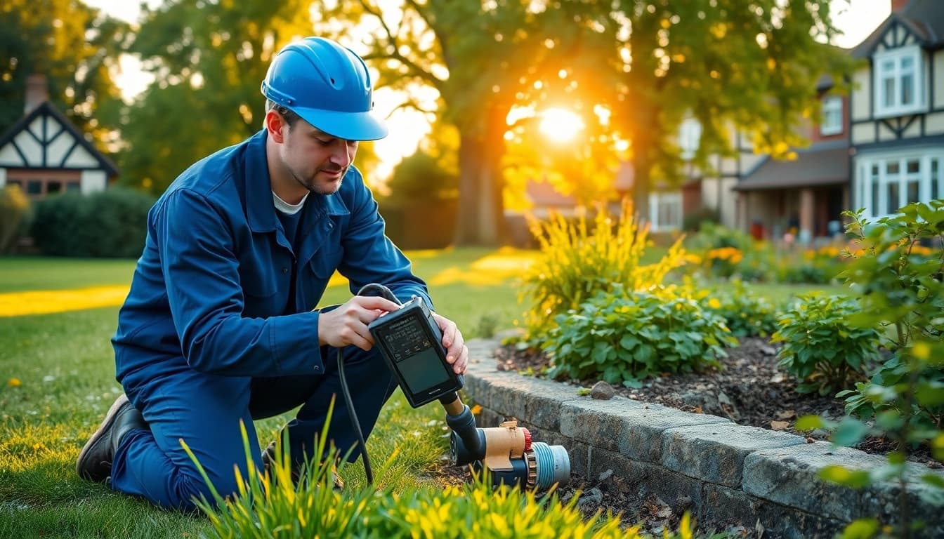 Expert technician using advanced equipment for Leak Detection Devon in a tranquil garden setting.