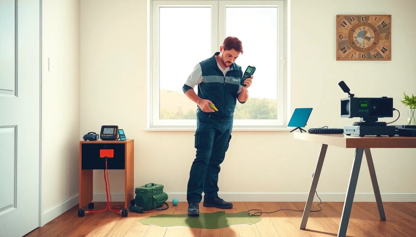 Technician performing leak detection Cornwall with advanced equipment in a residential setting.