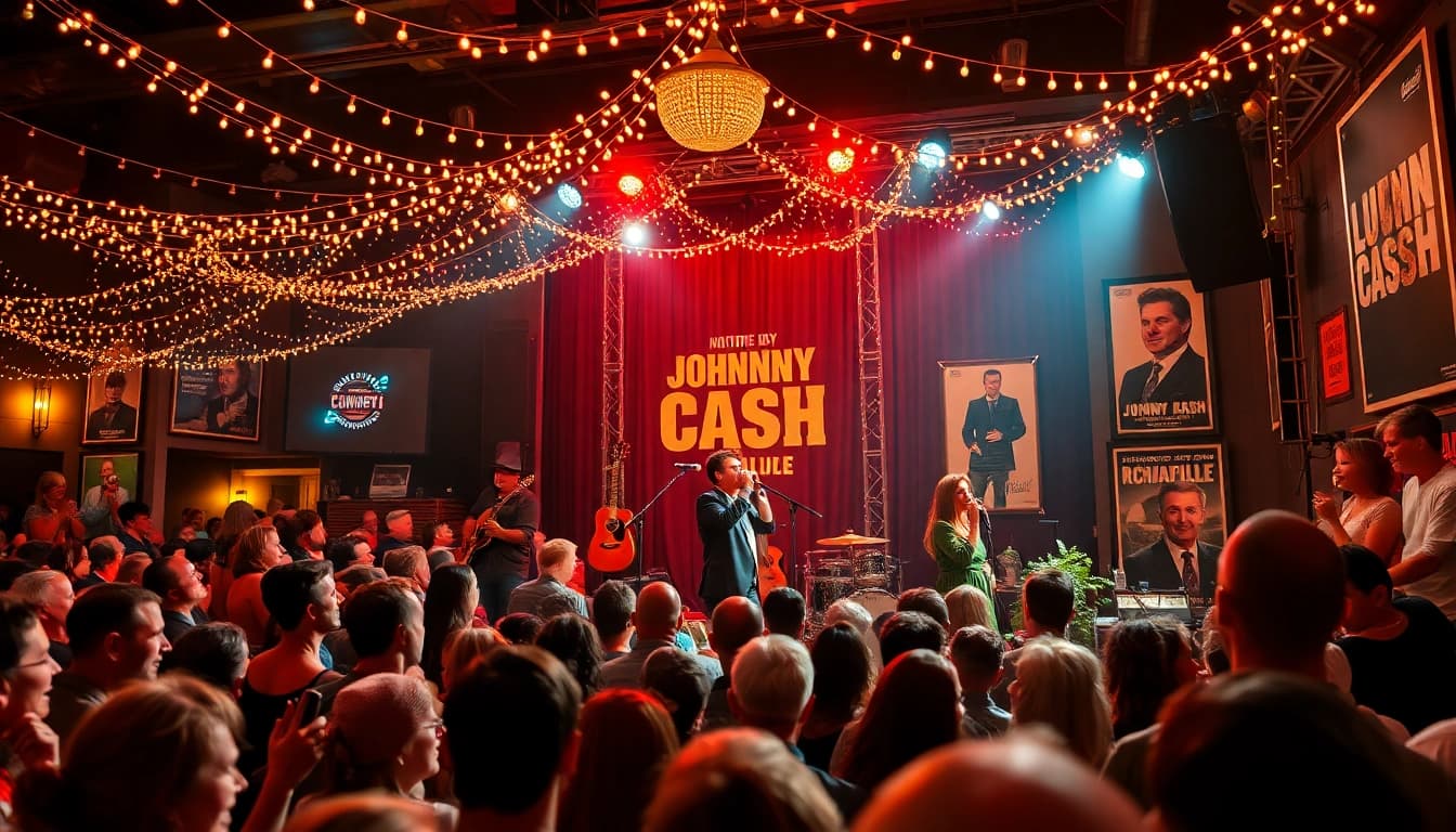 JohnnyCashBirthday.com event scene with live music, vibrant crowd, and festive decorations.