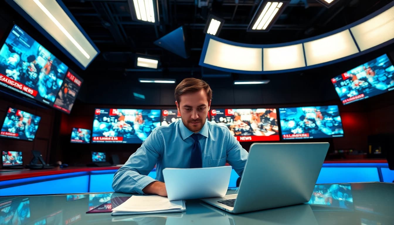 Stay updated with lates UK news from a bustling newsroom environment.