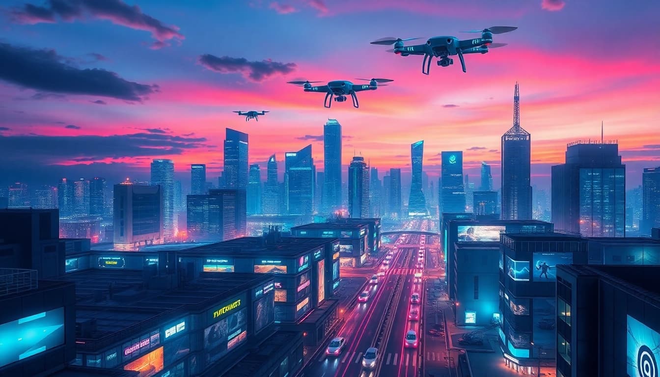 Explore how New Technology shapes a vibrant, futuristic city filled with innovation.