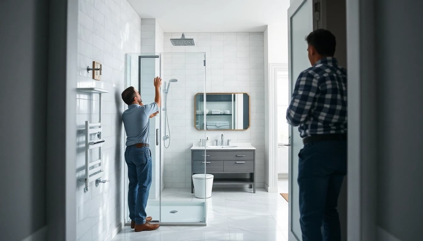 Bathroom fitters efficiently transforming a modern shower space with sleek white tiles.