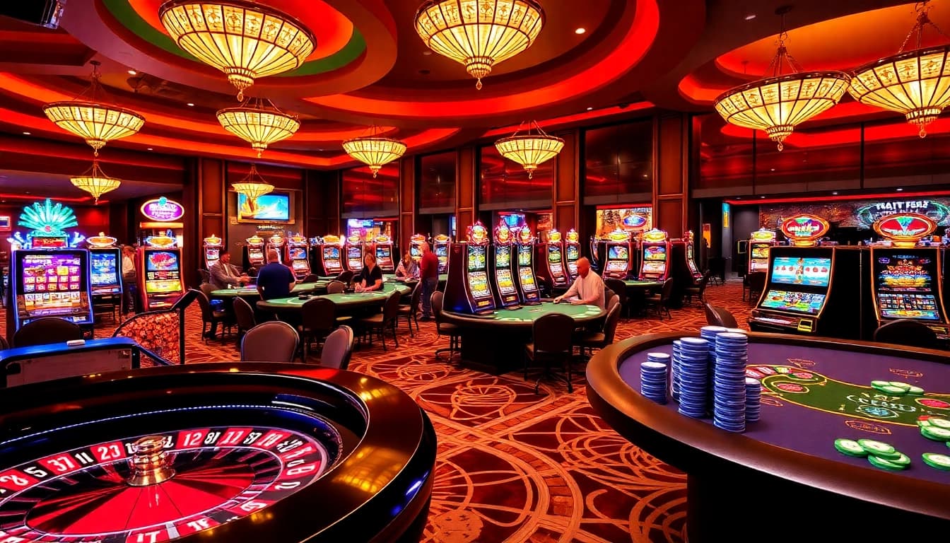 Exciting casino scene with roulette, poker tables, and KJC AC 1 branding.