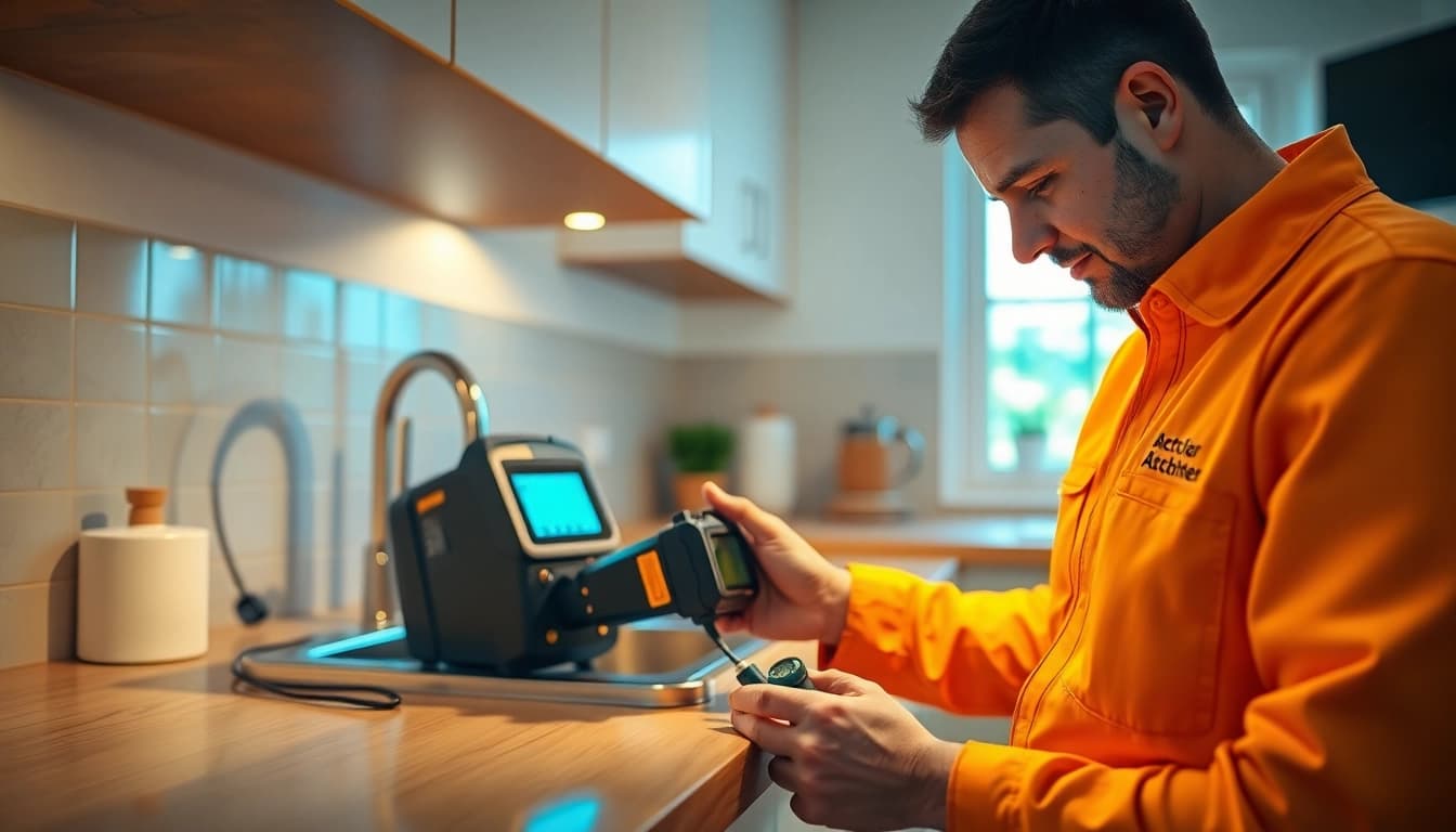 Discover expert Leak Detection Cornwall services with a technician locating a hidden leak in a modern kitchen.