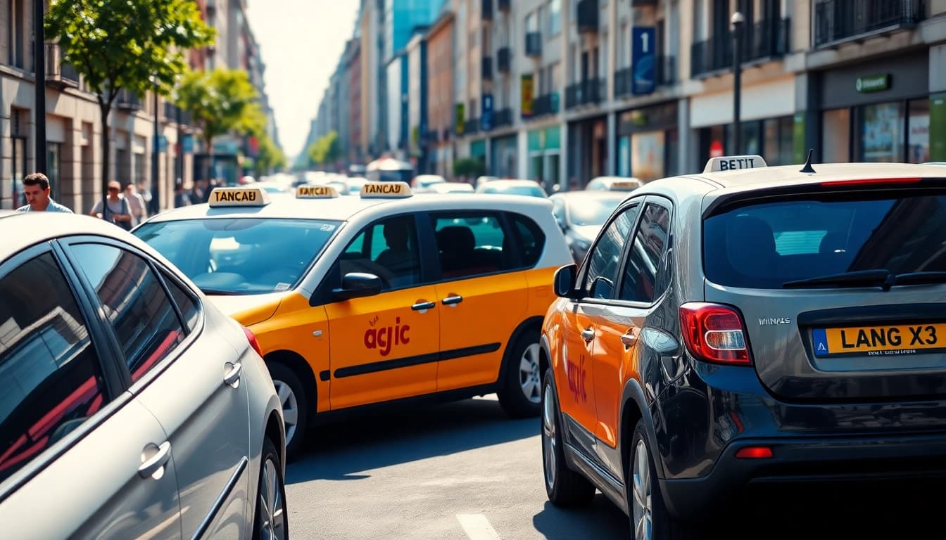 Minicabs parked in a vibrant urban setting showcasing reliable transport solutions.