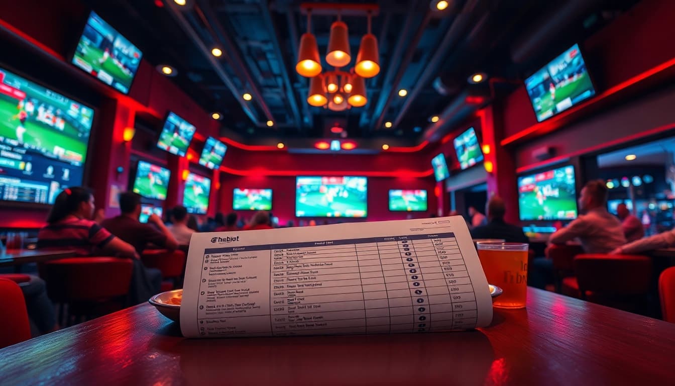 Exciting thabet sports betting scene in a lively bar with patrons.