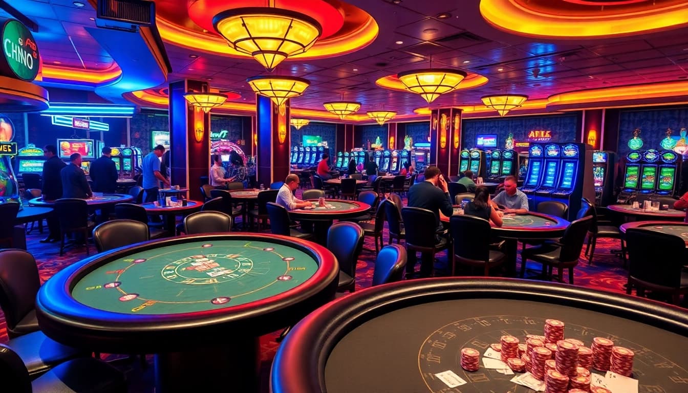 Players enjoying game bài đổi thưởng at luxurious casino tables, vibrant atmosphere.