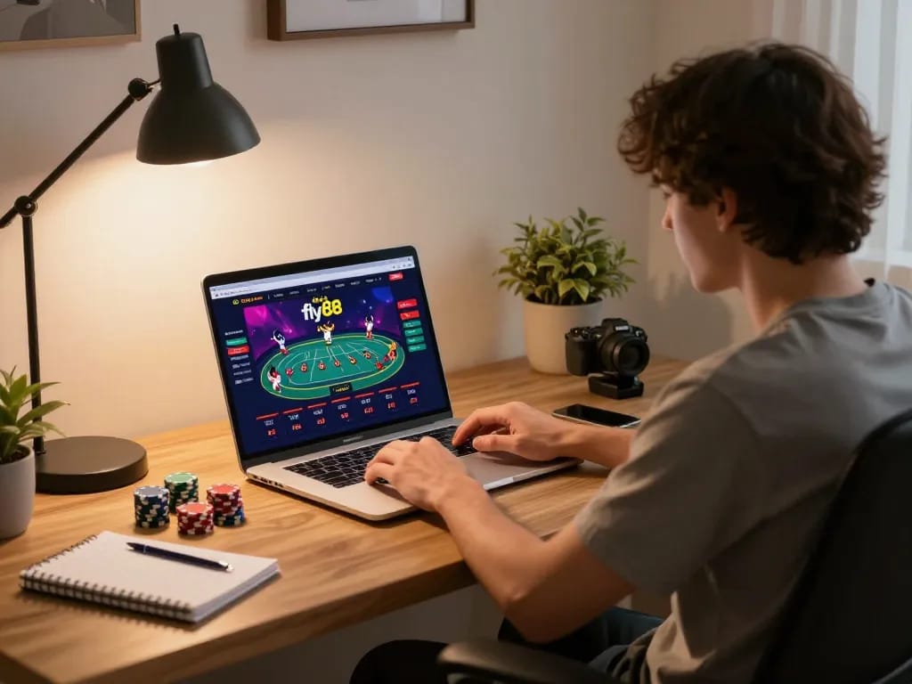 Player engaging with the nhà cái fly88 poker interface at home, showcasing strategic online gaming moments.