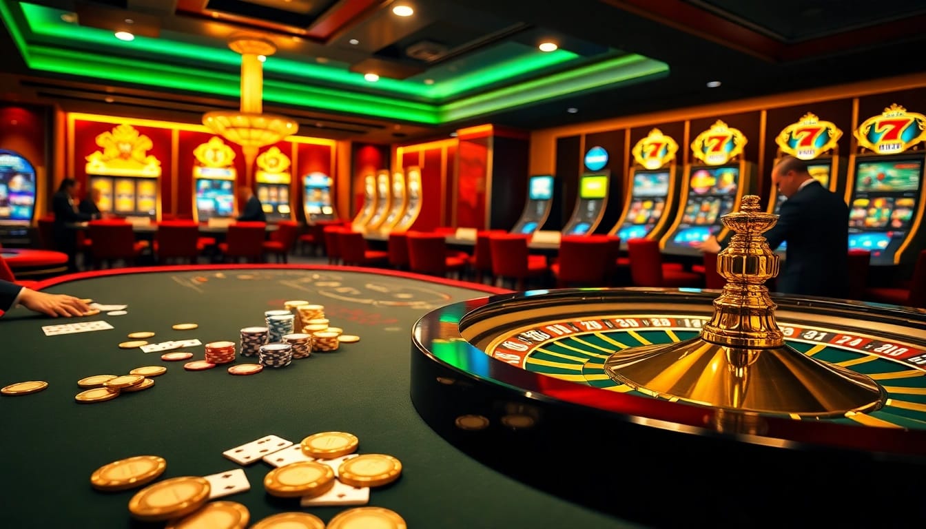 Experience game bài đổi thưởng at a vibrant casino with poker tables and digital interfaces.