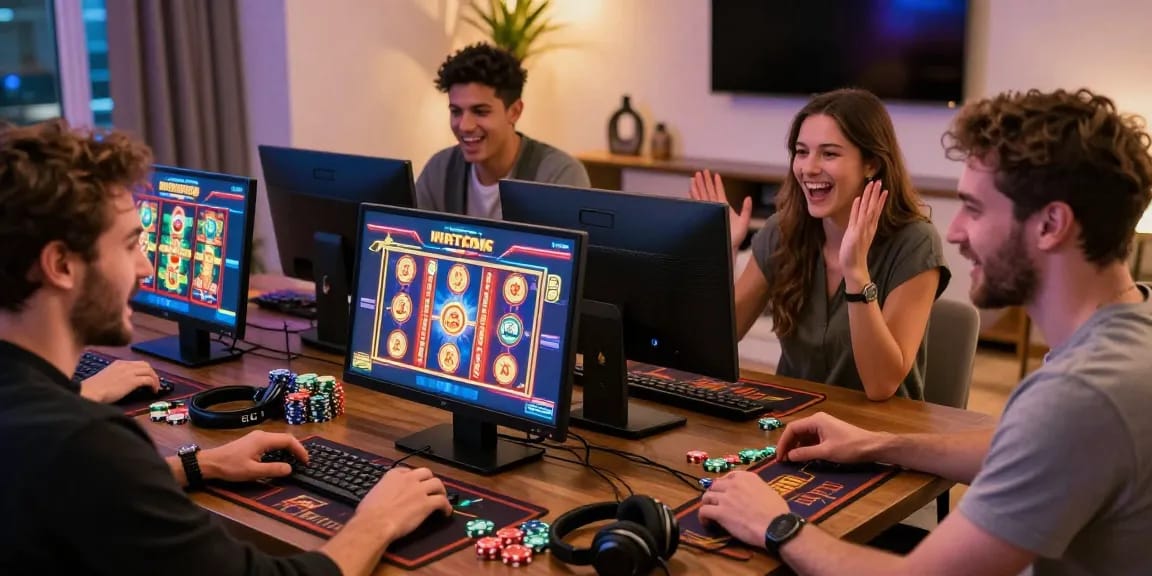 Engaged players enjoying non UK slot sites on a colorful digital interface celebrating gaming camaraderie.