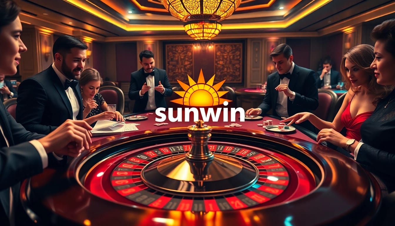 Excited players enjoy a luxurious sunwin casino experience at a roulette table.