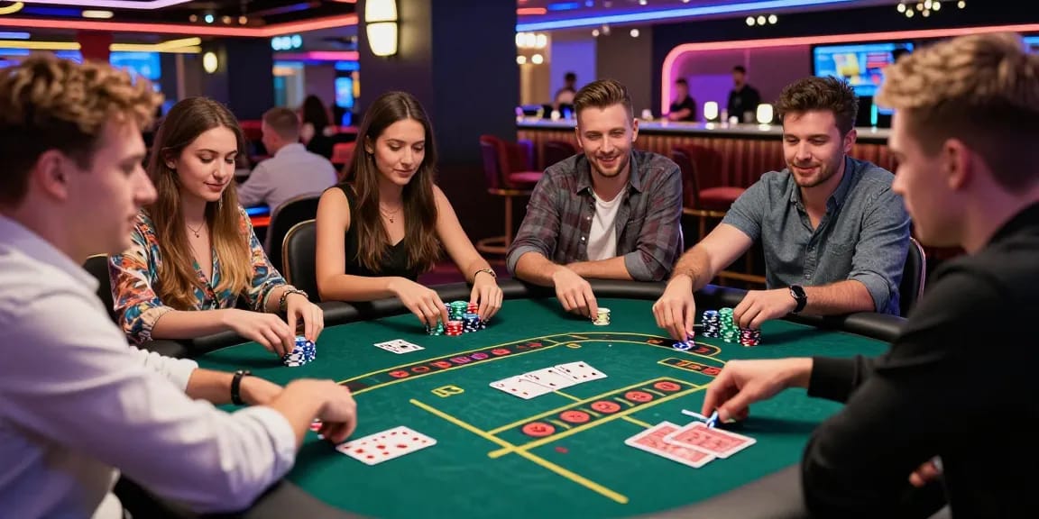 Engaged players enjoying games at vibrant non UK casinos, highlighting excitement and modern gaming atmosphere.