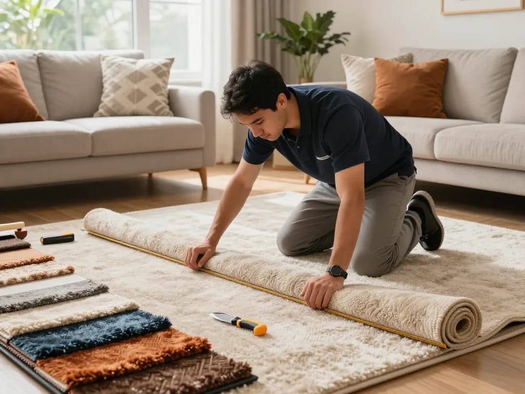Residential carpet installation showcasing a professional installer measuring and cutting plush carpet in a bright living room with cozy decor.
