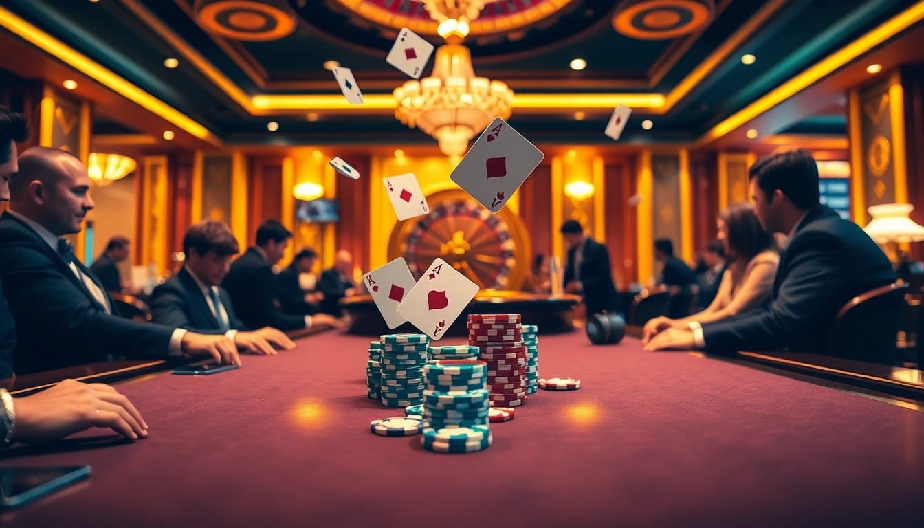 Engaging scene of game bài đổi thưởng players enjoying high stakes at a luxurious casino table.