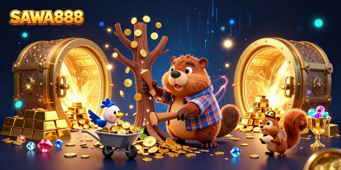 SAWA888 features a lively scenario with a beaver, bird, and squirrel amidst gold coins, symbols of winning jackpots.