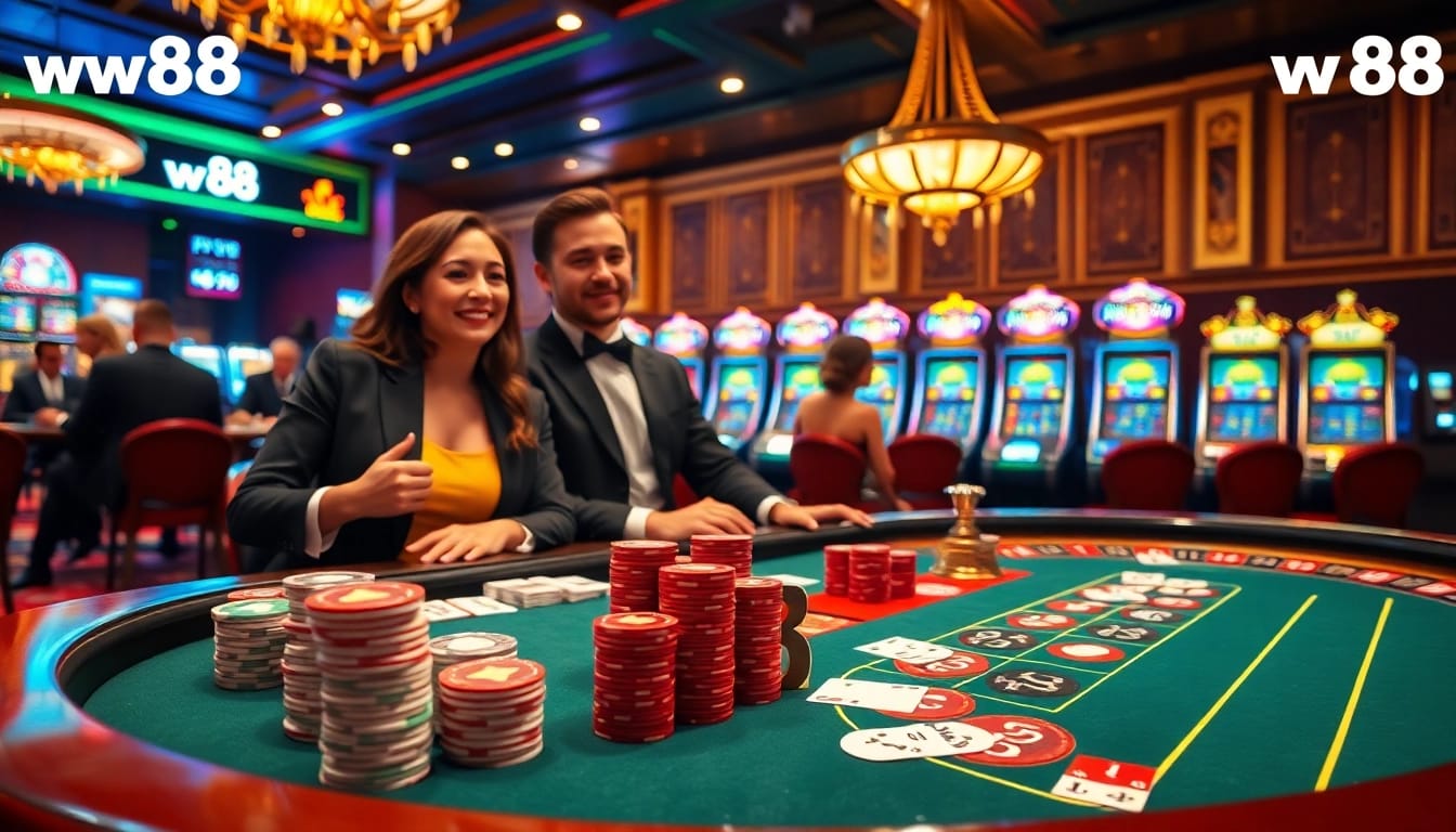 Exciting gameplay at a ww88 casino table with poker chips and roulette wheel.