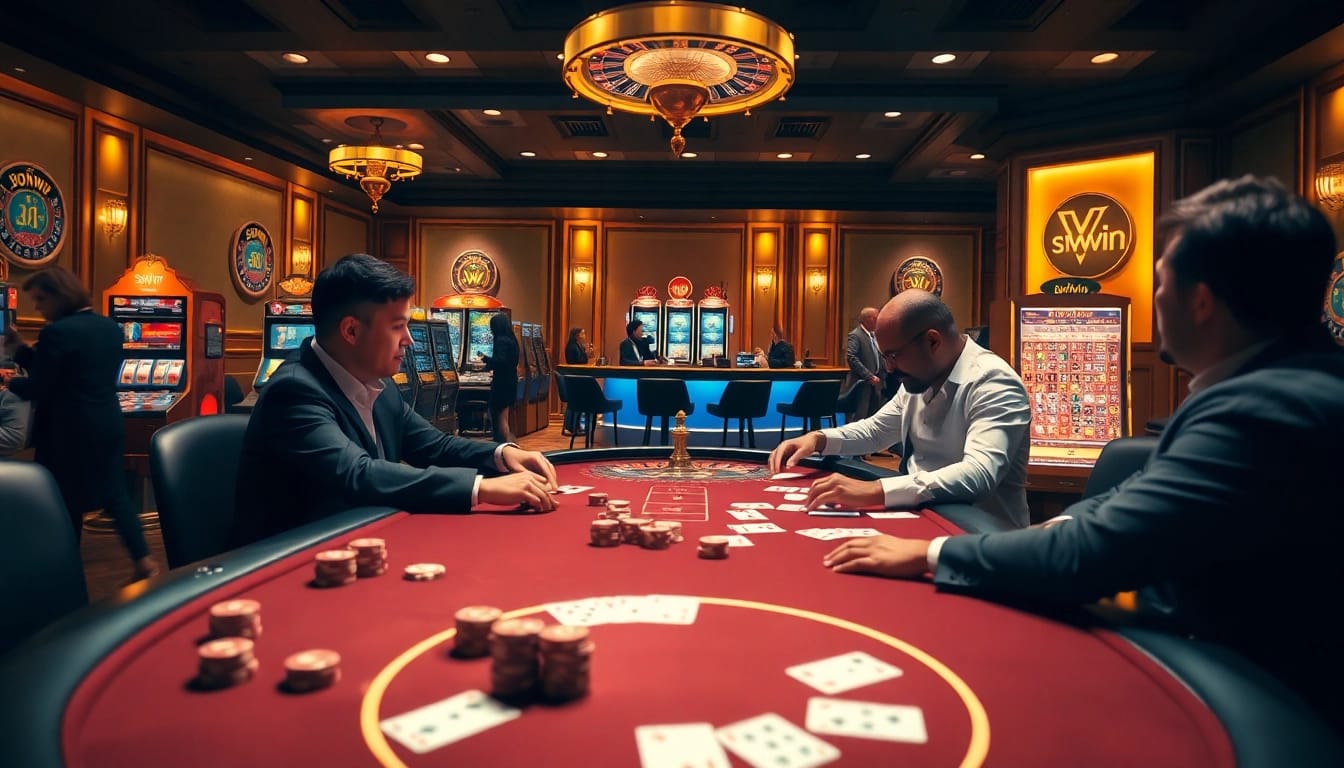 Players compete at a luxurious sunwin poker table, showcasing strategic gameplay and vibrant casino elements.