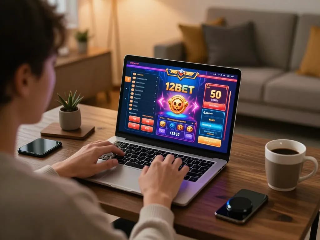 Khoảnh khắc thú vị của một người chơi sử dụng 12bet trên laptop trong một không gian ấm cúng tại nhà