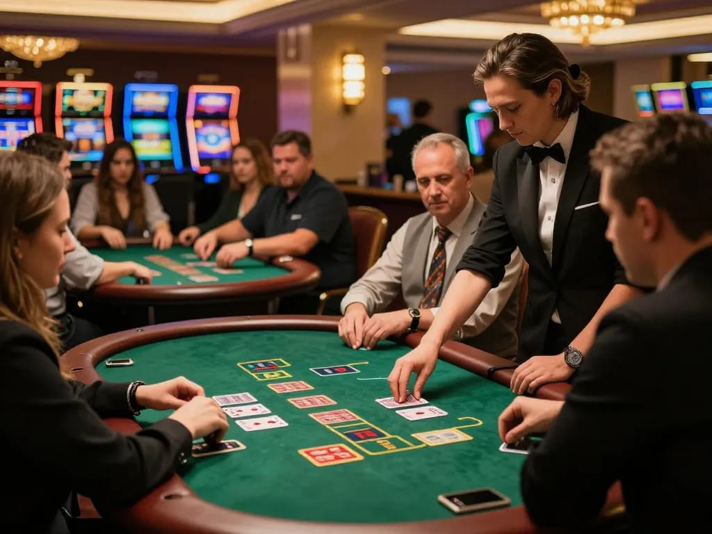 Players enjoying blackjack at TG88 casino tables amid vibrant lights and a luxurious atmosphere