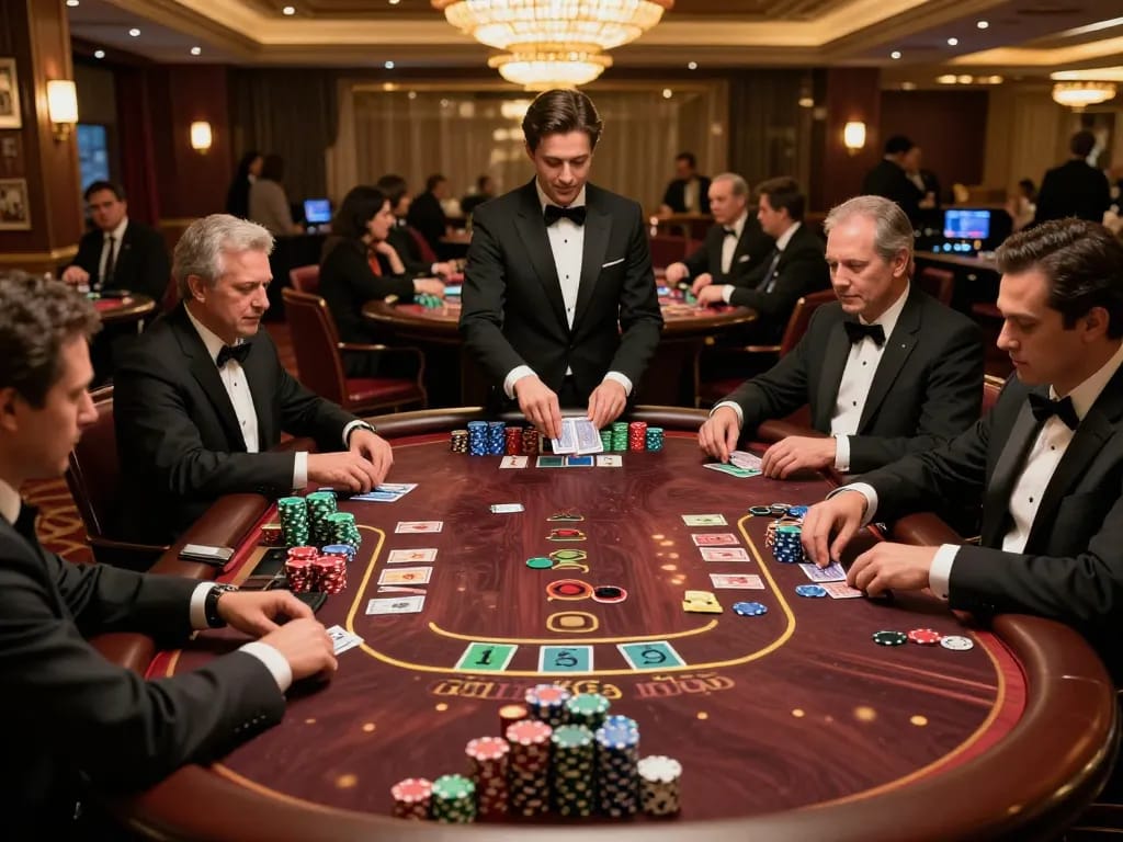 Players strategizing at a blackjack table in an upscale casino, embodying sunwin's thrilling gambling experience.