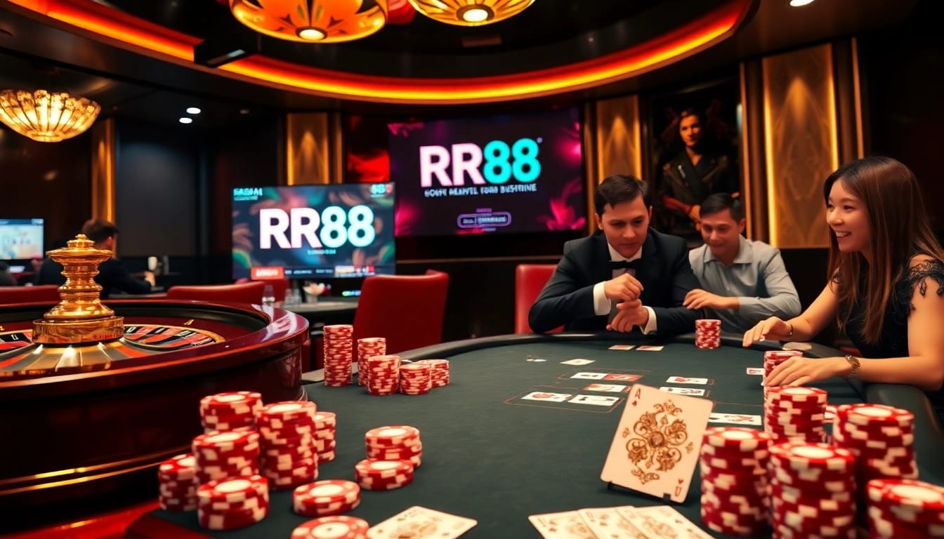 Exciting scene at RR88 with players at a high-stakes poker table surrounded by roulette and chips.