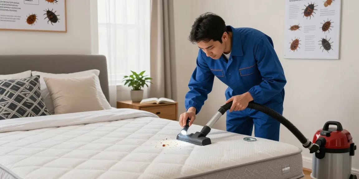 Expert conducting bed bug control inspection in bright bedroom setting