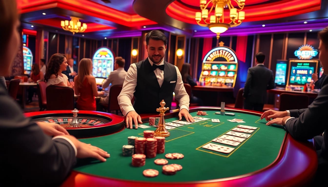 Engage in thrilling gambling at https://vnew88.vip/ with a luxurious casino table featuring a dealer and poker chips.