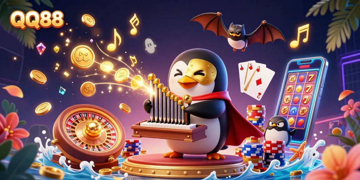 Experience QQ88's thrilling fun with a cartoon penguin and winning gaming moments.