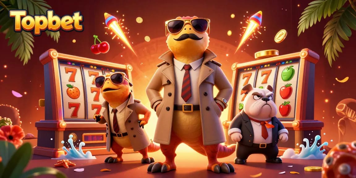 Topbet raptors entering a casino lounge amidst vibrant slot games and festive decorations.